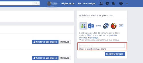 Encontrar amigos no Facebook usando conta de e-mail